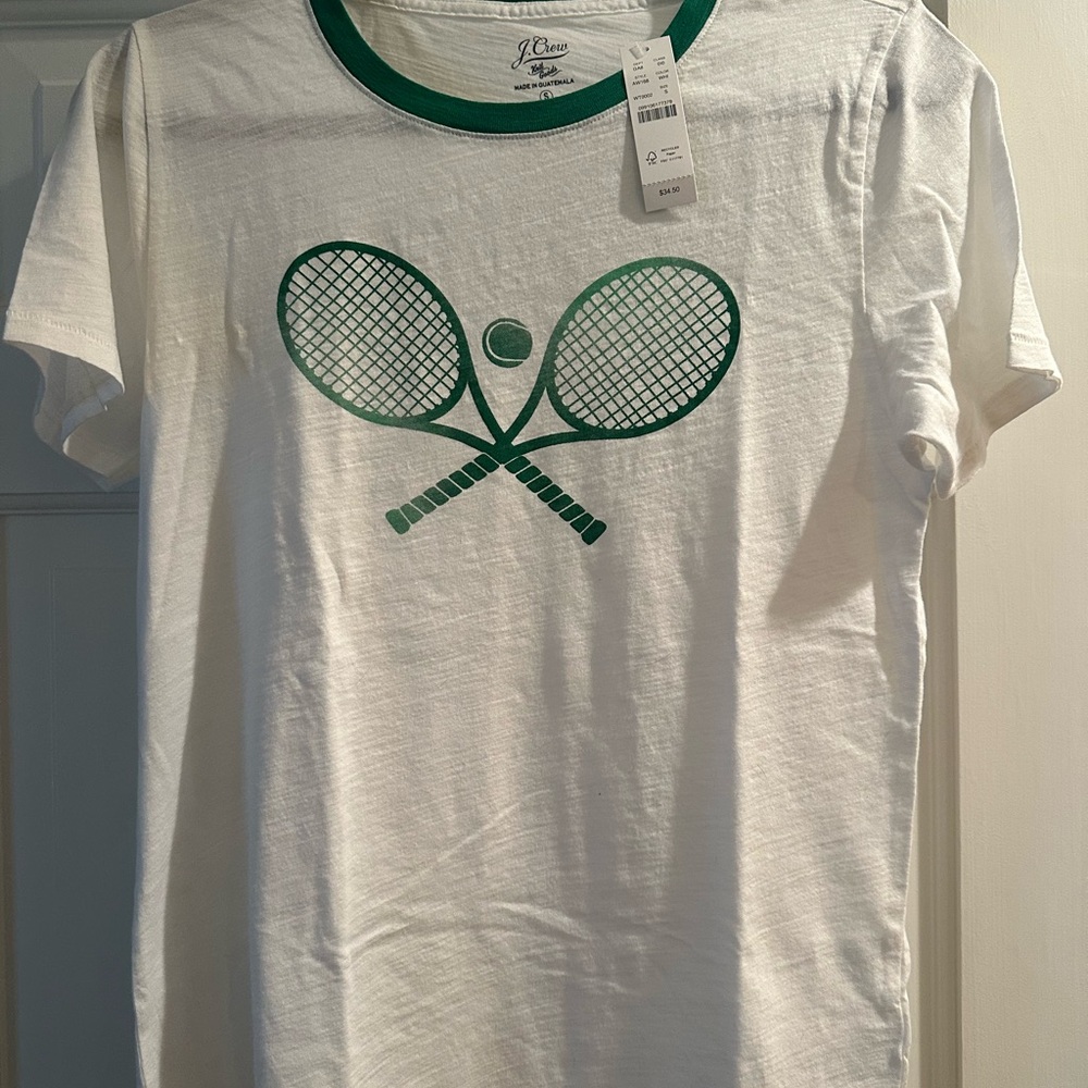 J. Crew White Tee with Green Tennis Design